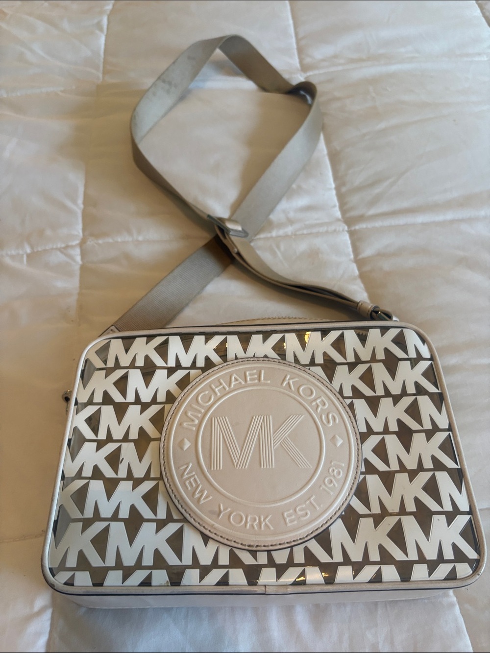 Michael Kors Taupe & White MK Logo Camera Crossbody